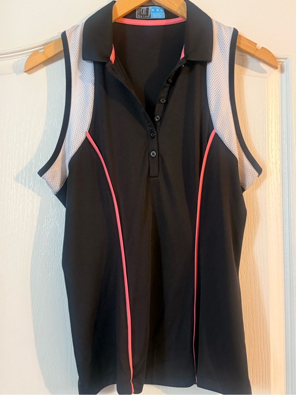 PGA Tour Black Sleeveless Button-Down Polo with Pink Piping and White Mesh